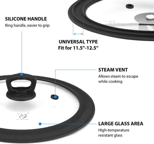 Vented Tempered Glass Universal Lid for Pot Pan Skillet with Heat Resistant Silicone Rim Microwave Splatter Lid Cover Microwave Safe Fit 11.5" 12" 12.5" Cookware, Dishwasher Safe Black