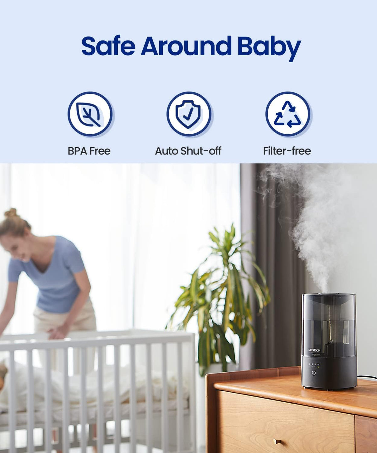 ROSEKM 2L Cool Mist Humidifier for Bedroom and Plants, Quiet, Black