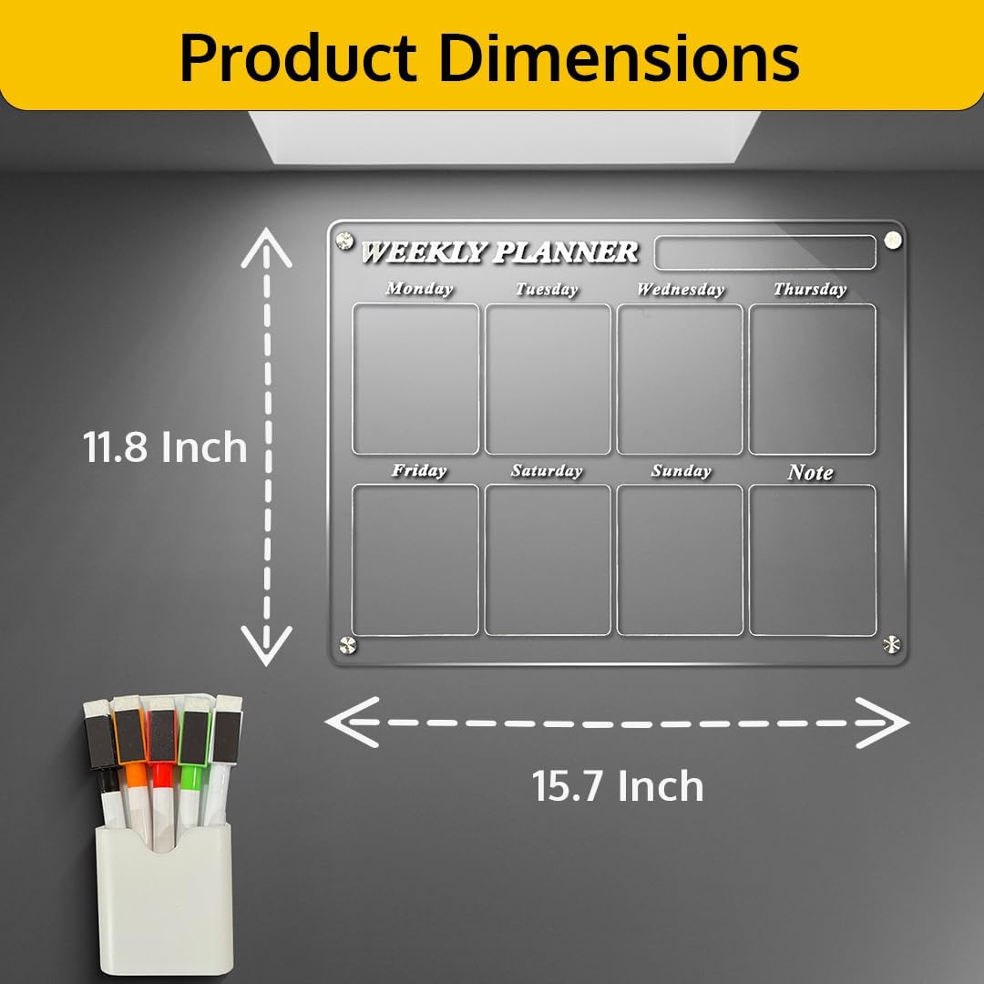 Acrylic Home Calendar Organization Board - Refrigerator Schedule Planner for Fridge or Wall - Weekly Magnetic Calendar for Refrigerator, Dry Erase Whiteboard