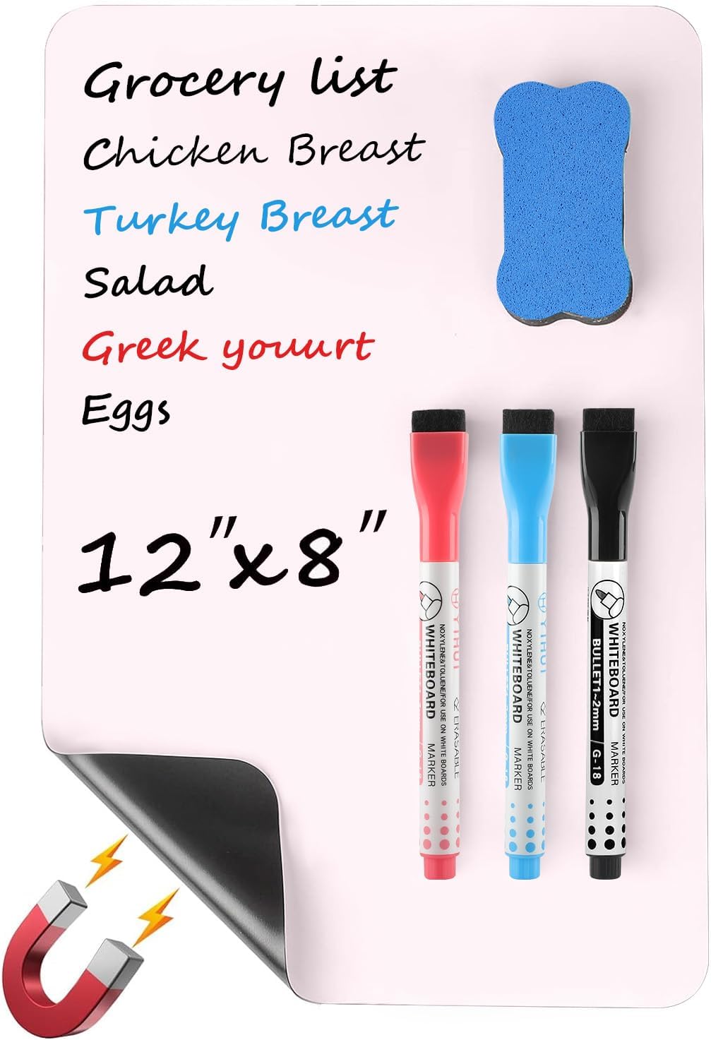 MaxGear Magnetic Dry Erase Board for Fridge, 12 x 8 Inch, Markers Included | Strong Magnetic Backing, Stain Resistant Surface, Easy to Write and Erase, Ideal For To-do Lists, Includes 3 Markers 1 Erase