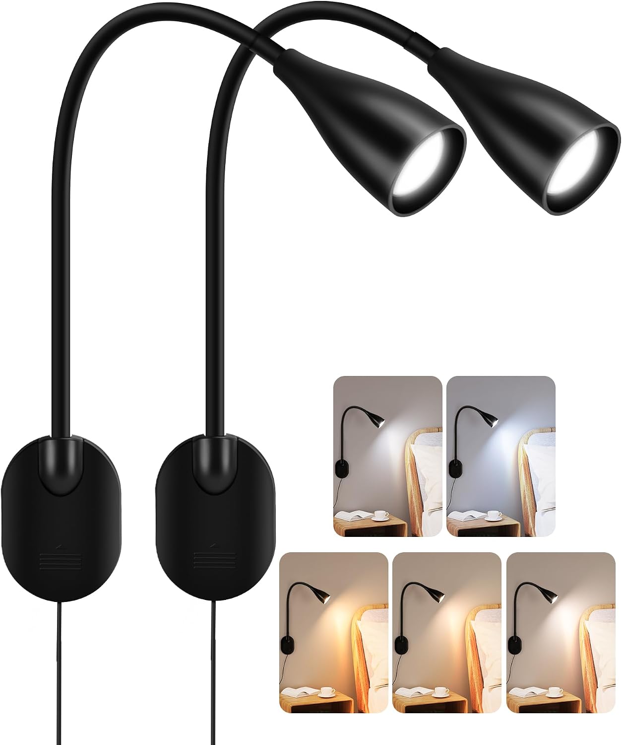 LiFMIRA Wall-Mounted LED Bedside Reading Light with USB Charging Port, 10-Level Dimmable & Adjustable 5 Color, Plug-in Adhesive Night Lamp for Books in Bed, Eye-Caring Bedroom Lighting (White)