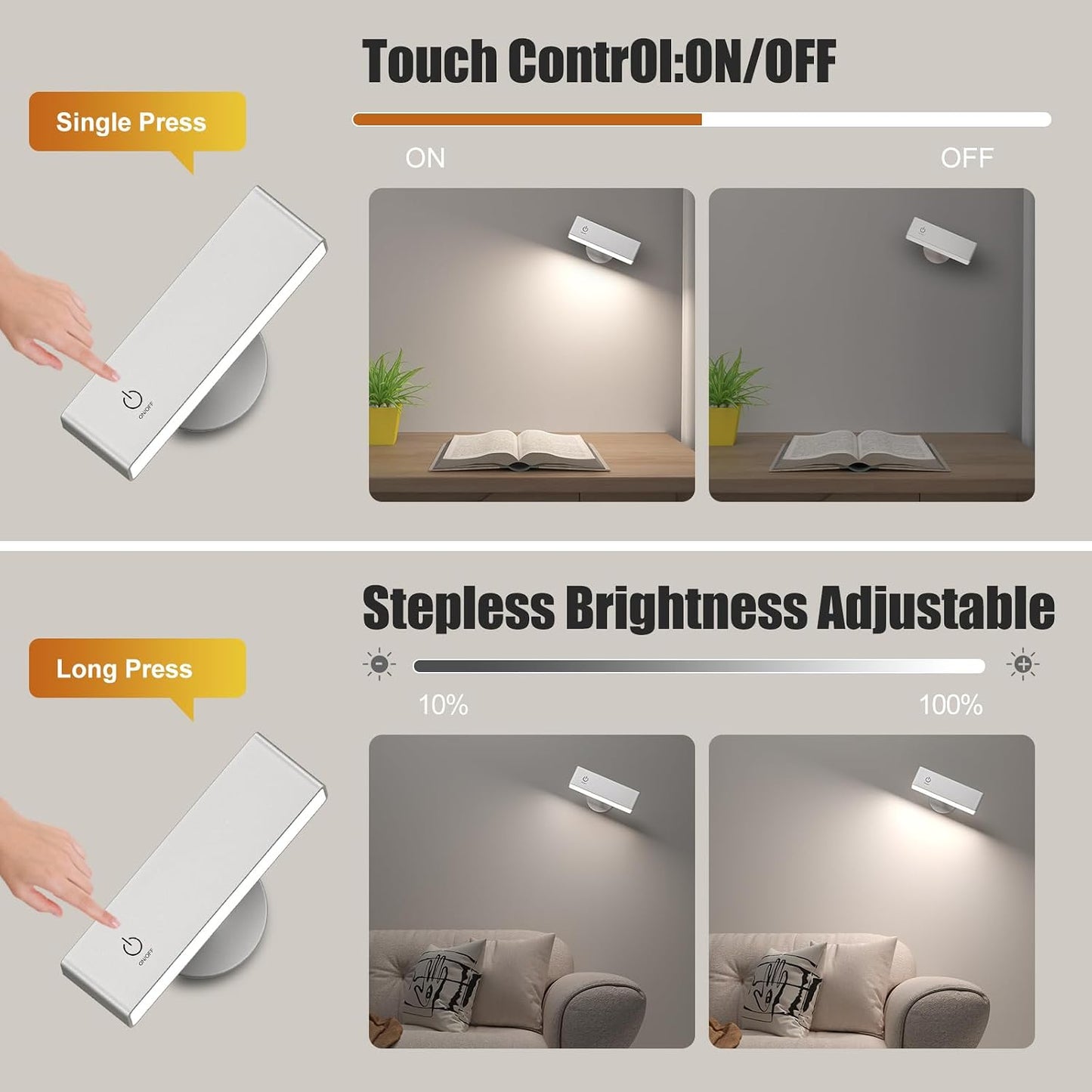 Wireless Wall Sconces 2 Pack, Rechargeable Reading Light for Bed Dimmable | Battery Operated Wireless Wall Light for Bedroom Adjustable Brightness Magnetic 360° Rotation Indoor Black or White