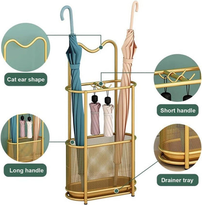 Metal Umbrella Holder Stand,Metal Umbrella Stand for Entryway, Stand Cane Holder with Drip Tray, Umbrella Rack Storage Bin Freestanding,Gold