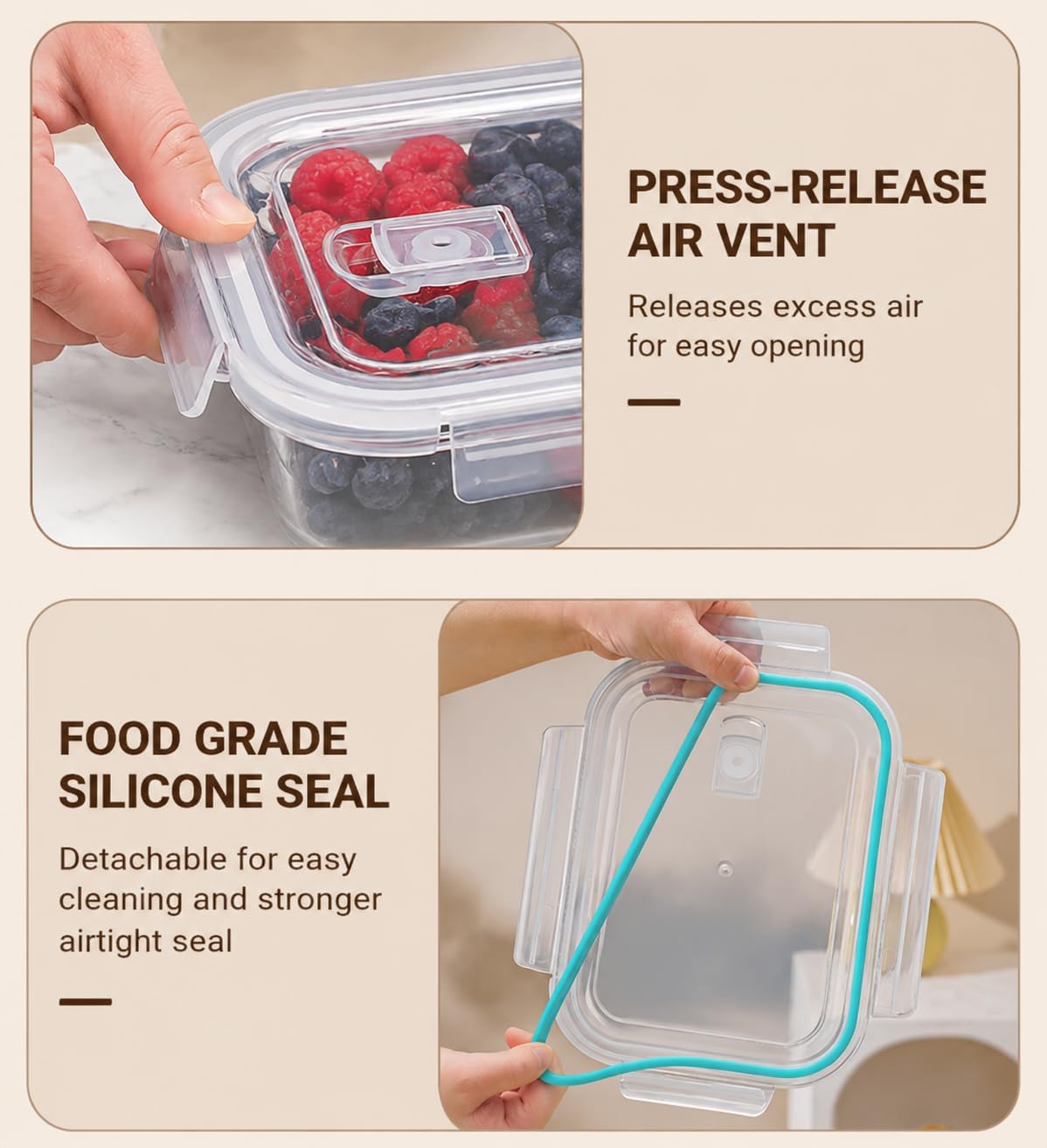 Glass Berry Container for Fridge, 3 Pack, 56oz 35oz 25oz, with Removable Colander and Vent Valve, Fresh Produce Storage Set