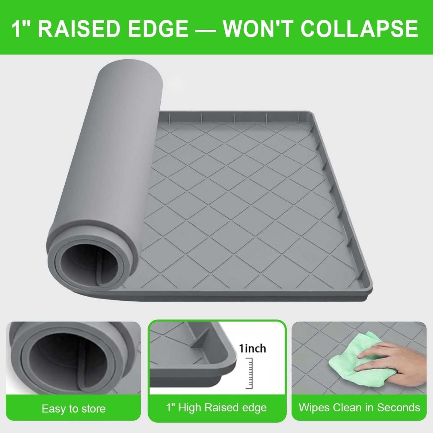 Washing Machine Pan, Drain Pan & Drip Pan, 30"x32" Thickened Silicone Mat with 1" Raised Edge, Non-Slip & Waterproof, Foldable Anti-Vibration Floor Protector for Laundry & Dryer - Grey - BLOFK