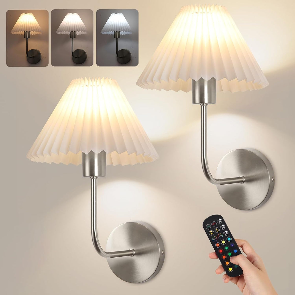 Rechargeable Battery Operated Wall Sconce Sets of 2, 15 Colors Wireless gooseneck Black Wall Lights Fixture with Dimmable Bulbs and Remote, Not Hardwired Wall Mounted Lamps for Bedroom Living Room
