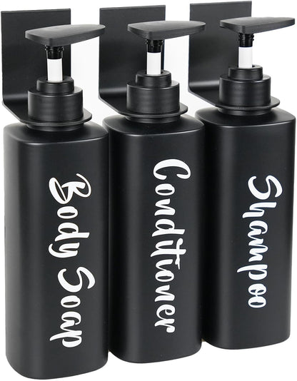 AUMIO 16.9oz Shampoo Dispenser for Shower Wall 3 Chamber, Drill Free Shampoo and Conditioner Dispenser with 6 Waterproof Labels, Wall Mounted Shower Soap Dispenser Shampoo Bottles for Home Bathroom