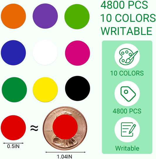 1/2 Inch Colored Dot Stickers, 4800 PCS Round Sticker Labels, Writable Small Circle Stickers with Strong Adhesion & No Residue, Easy to Remove for Pricing, Organizing, Crafts & Toddlers (10 Colors)