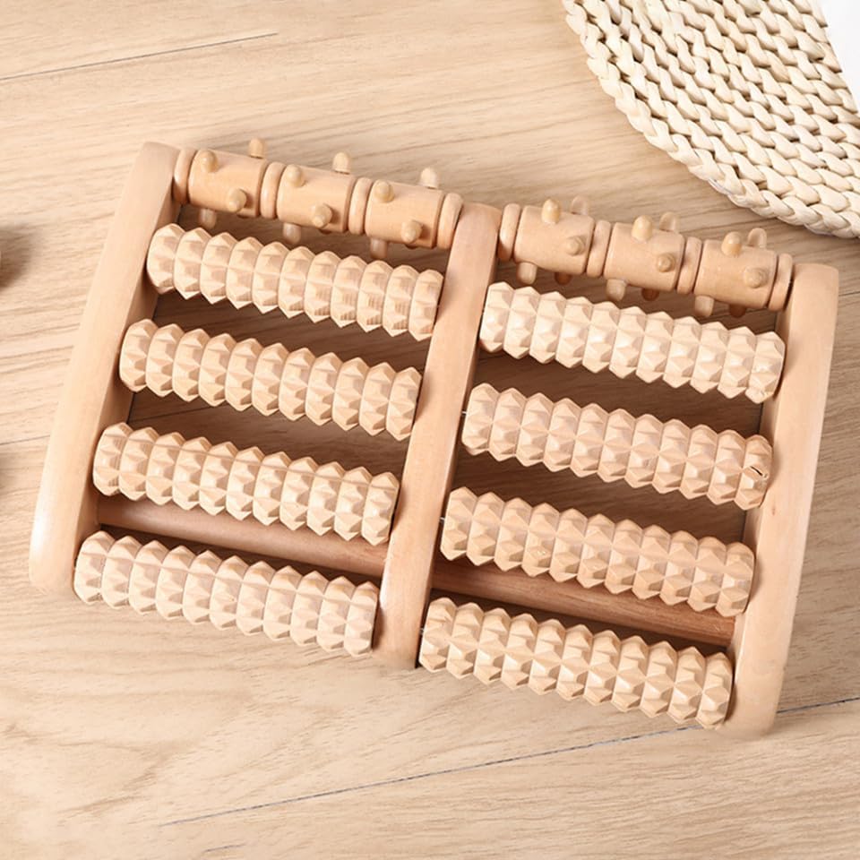 Wooden Foot Massager Roller Acupuncture Point Massager with 5 Rows of Beads for Plantar Relief and Relaxation, Manual Foot Massage Tool for Home Use by Men and Women