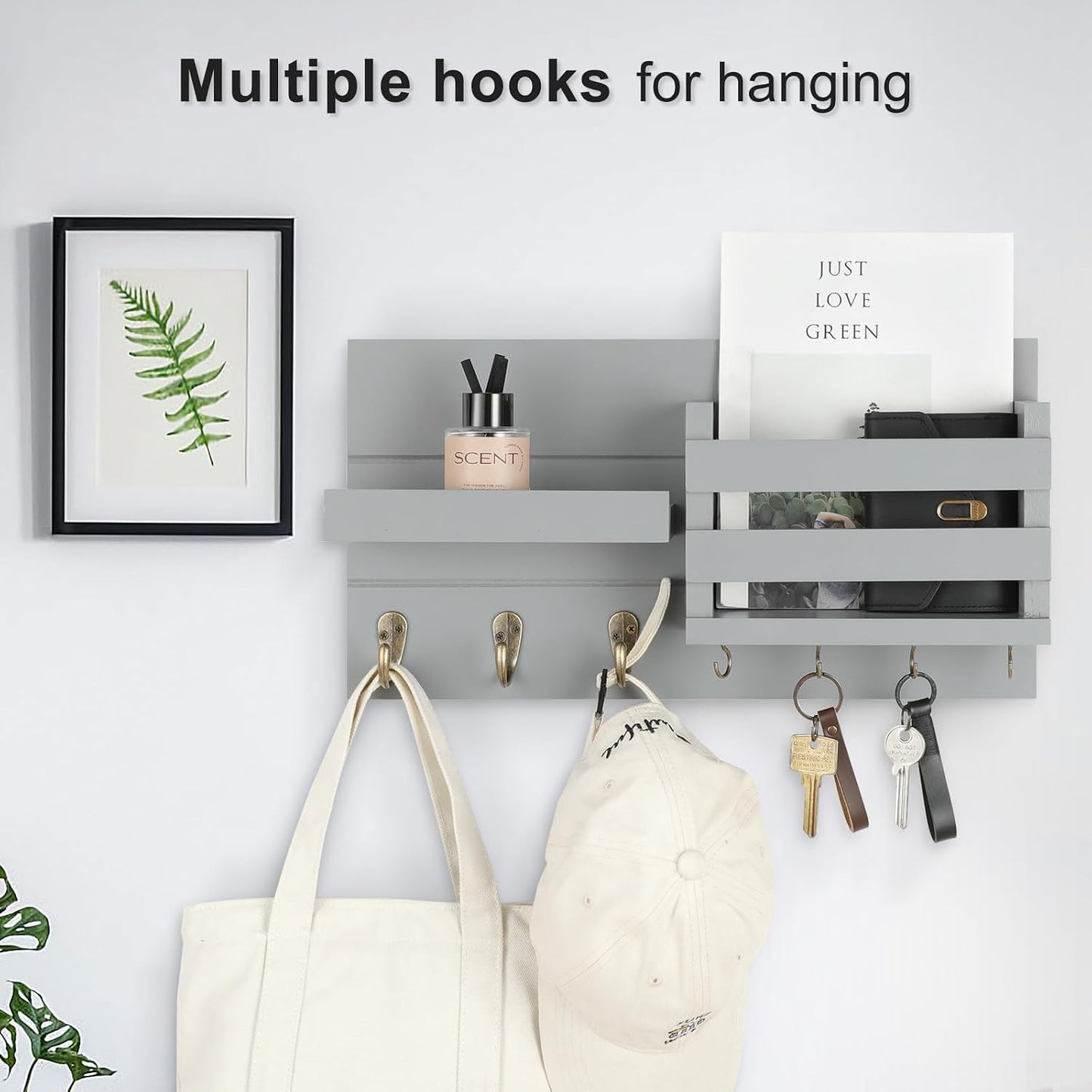 Lwenki Mail Organizer for Wall Mount – Key Holder with Shelf Includes Letter Holder and Hooks for Coats, Dog Leashes – Rustic Wood with Flush Mounting Hardware (16.5” x 8.7” x 3.5”)