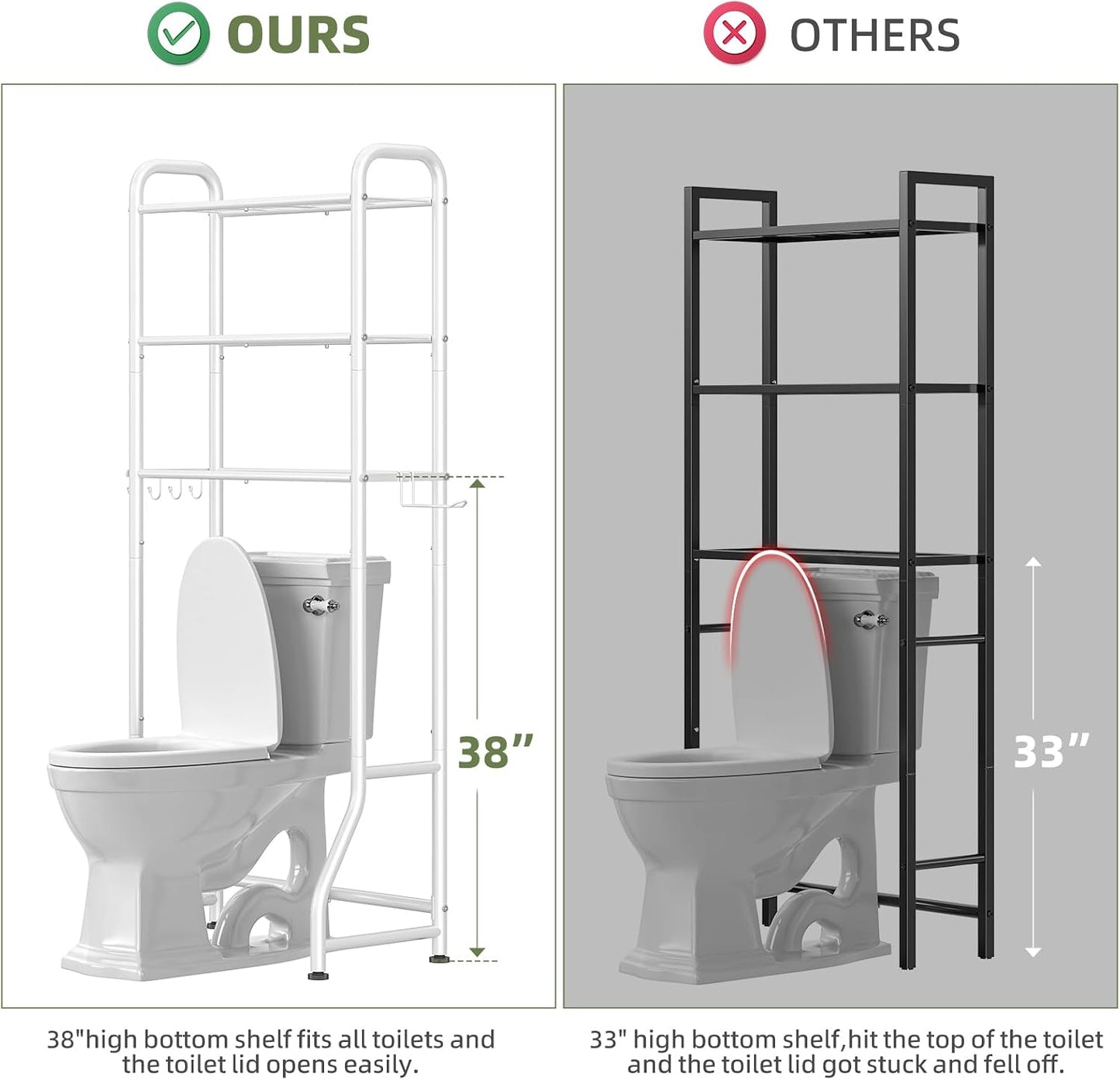 Simple Trending Over The Toilet Storage Cabinet, Metal Bathroom Shelf Organizer with Paper Holder and Hooks, 3 Tier, Black