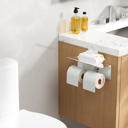 FORIOUS Toilet Paper Holder with Shelf, Commercial Toilet Paper Dispenser | Brushed Nickel | SUS304 Stainless Steel Wall Mount Double Bathroom Tissue Roll Holder for Hotel, Apartments, etc