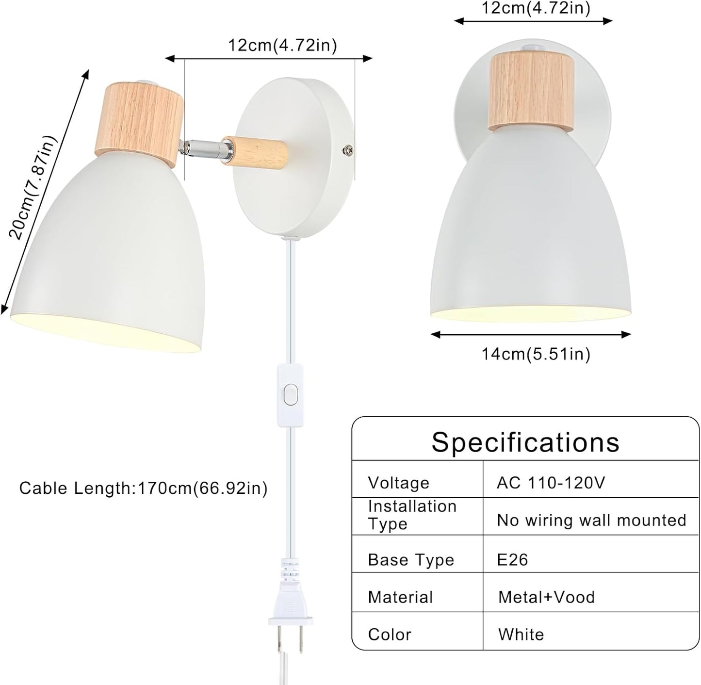 Wall Sconces Plug in, Swing Arm Wall Lamp with Power Cord, White Plug in Wall Lighting Fixtures Set of Two, Bedside Wall Mounted Reading Lamp with Switch, for Bedside Bedroom Hallway