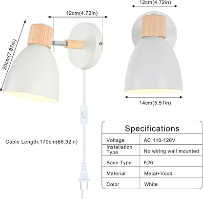 Wall Sconces Plug in, Swing Arm Wall Lamp with Power Cord, White Plug in Wall Lighting Fixtures Set of Two, Bedside Wall Mounted Reading Lamp with Switch, for Bedside Bedroom Hallway