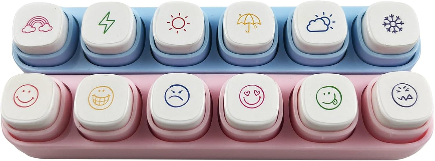6-in-1 Pre Self-Inking Planner Stamp Set - Portable Emoticon Weather Themes Stamps with Storage Case for Bullet Journal, Scrapbooking, Travel, Daily Planning -100mm x 15mm (Quick-Dry Ink, 2pcs)