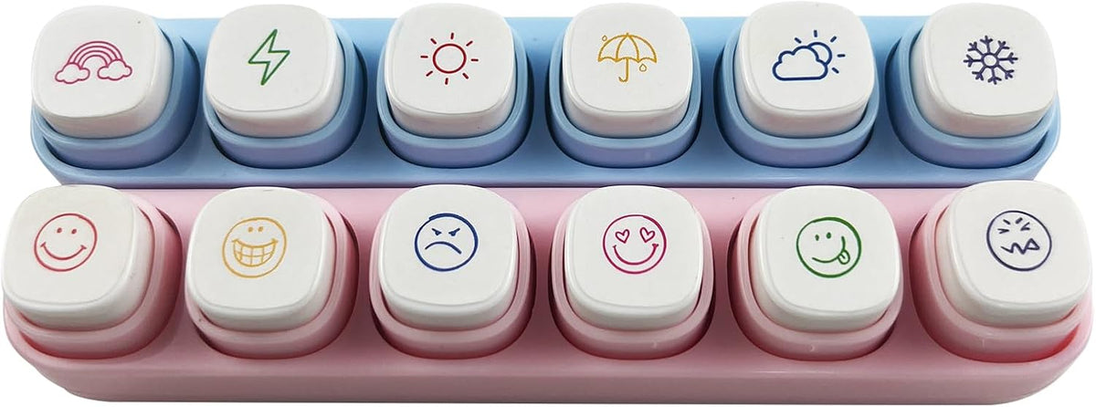 6-in-1 Pre Self-Inking Planner Stamp Set - Portable Emoticon Weather Themes Stamps with Storage Case for Bullet Journal, Scrapbooking, Travel, Daily Planning -100mm x 15mm (Quick-Dry Ink, 2pcs)