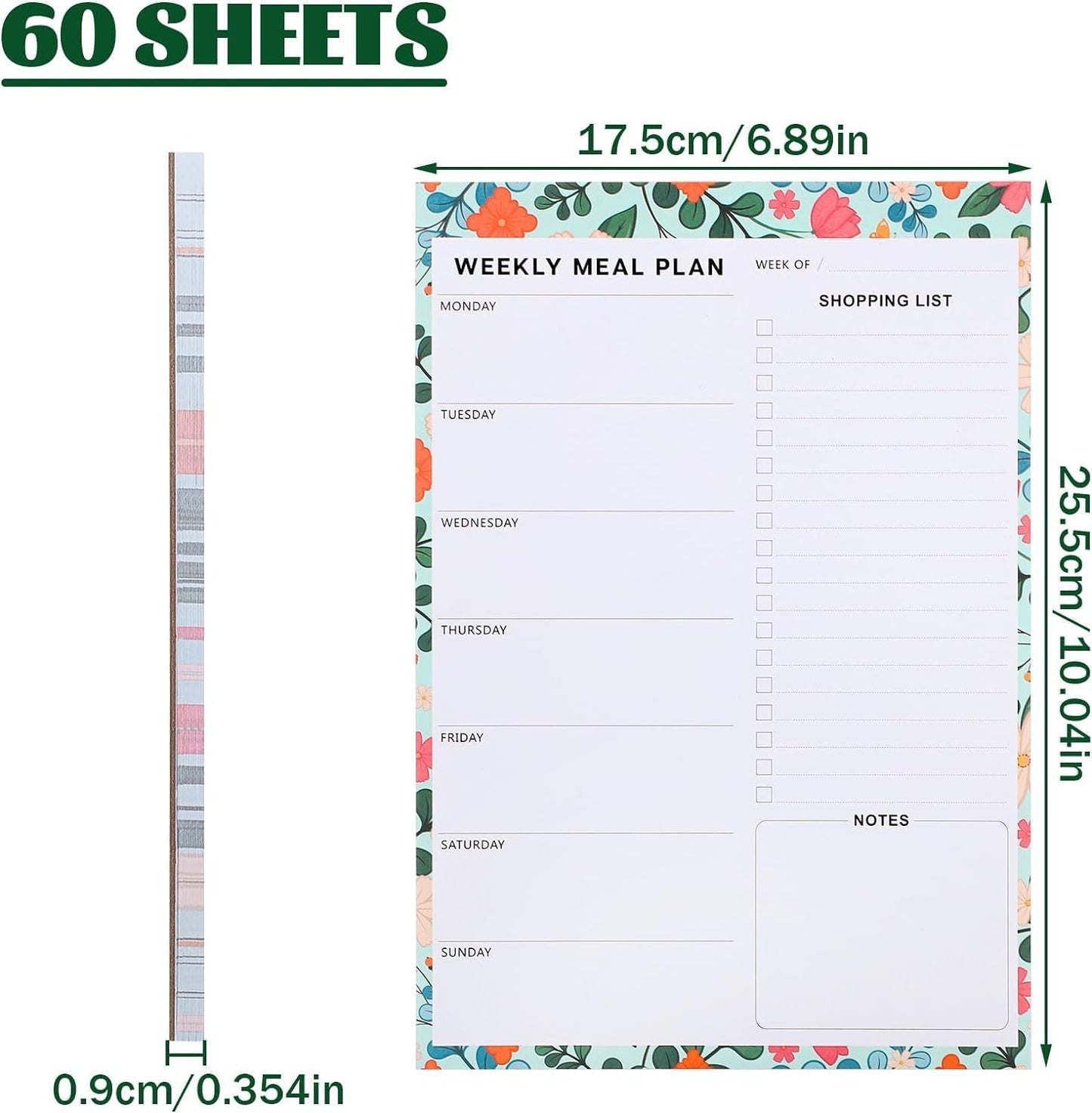 Thboxes 60 Sheets Magnetic Weekly Meal Planner for Fridge, Grocery List Pad | Tear-Off Shopping List, 7x10 In, Flower Design, Full Backing Grip, for Meal Prep, Kitchen, Families, Parents, Home Office