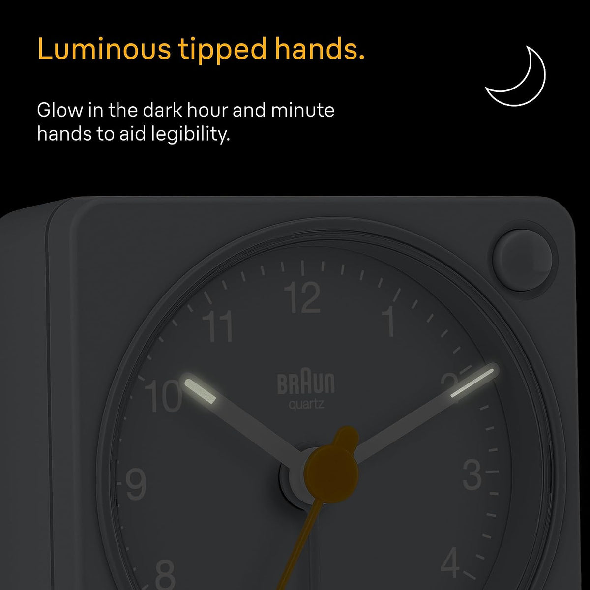 Braun Classic Travel Analogue Alarm Clock with Snooze and Light, Compact Size, Quiet Quartz Movement, Crescendo Beep Alarm in Black and White, Model BC02XBW.