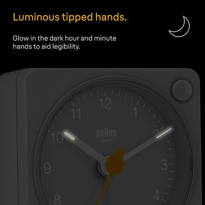 Braun Classic Travel Analogue Alarm Clock with Snooze and Light, Compact Size, Quiet Quartz Movement, Crescendo Beep Alarm in Black and White, Model BC02XBW.