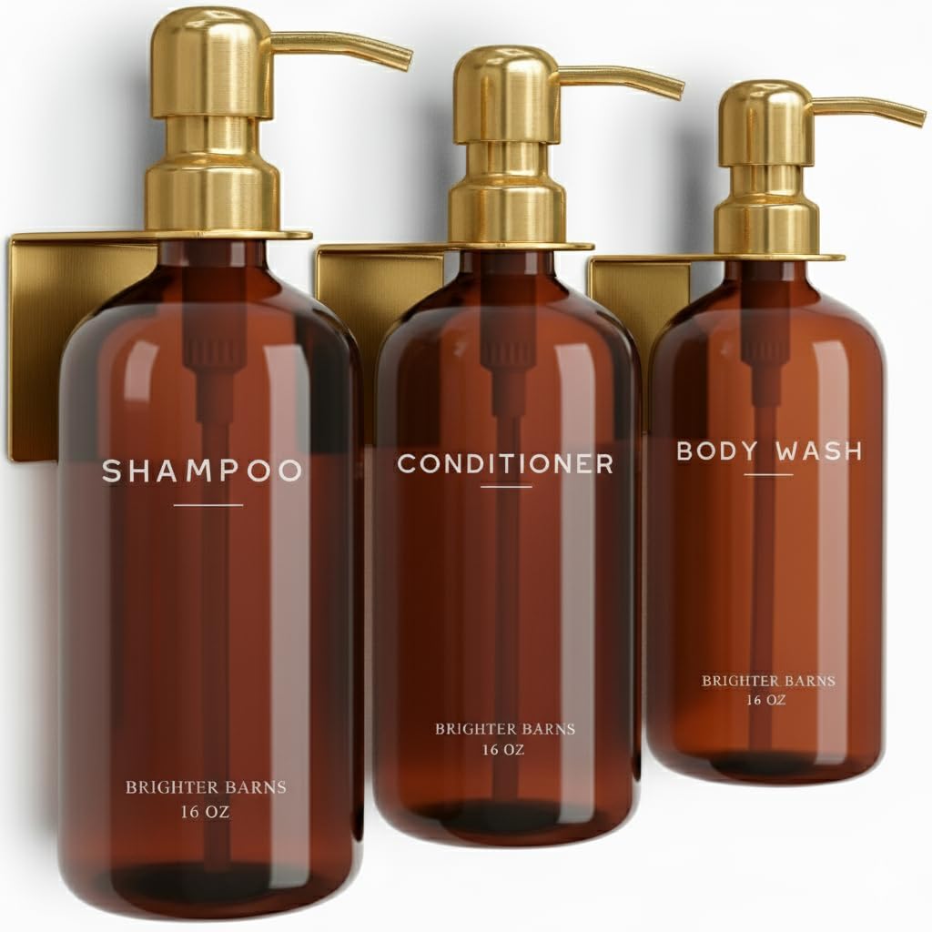 White Shampoo and Conditioner Dispenser Set Wall Mounted by Brighter Barns - Shower Dispenser 3 Chamber No Drill - Refillable Shampoo and Conditioner Bottles for Shower Wall in Airbnb, Hotel (White)