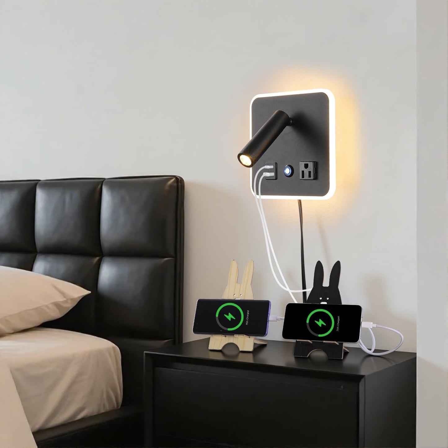 LED Headboard Reading Lamp, Dimmable Wall Sconce with USB-A/USB-C, White | Separate reading and ambient backlight controls, memory dimmer, adjustable angles, plug-in/hardwired, bedroom, bedside, hotel