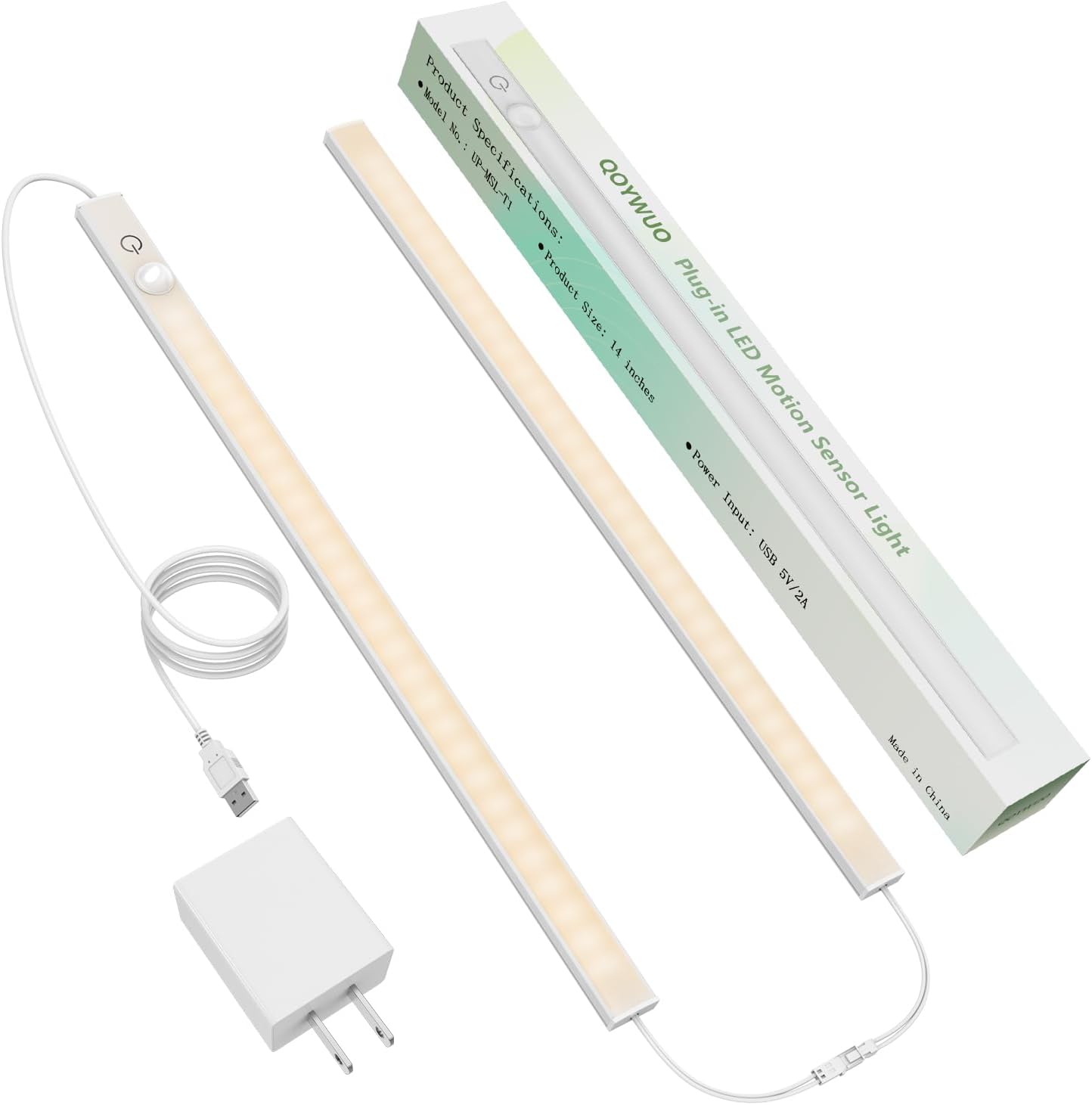 USB Plug-in Motion Sensor Light, ON/Night/Day Modes, Bright&Dimmable | 14" Slim LED Under Cabinet Lighting Indoor for Kitchen, Cabinet, Closet - 6000K Cool White, 1-Bar Standalone