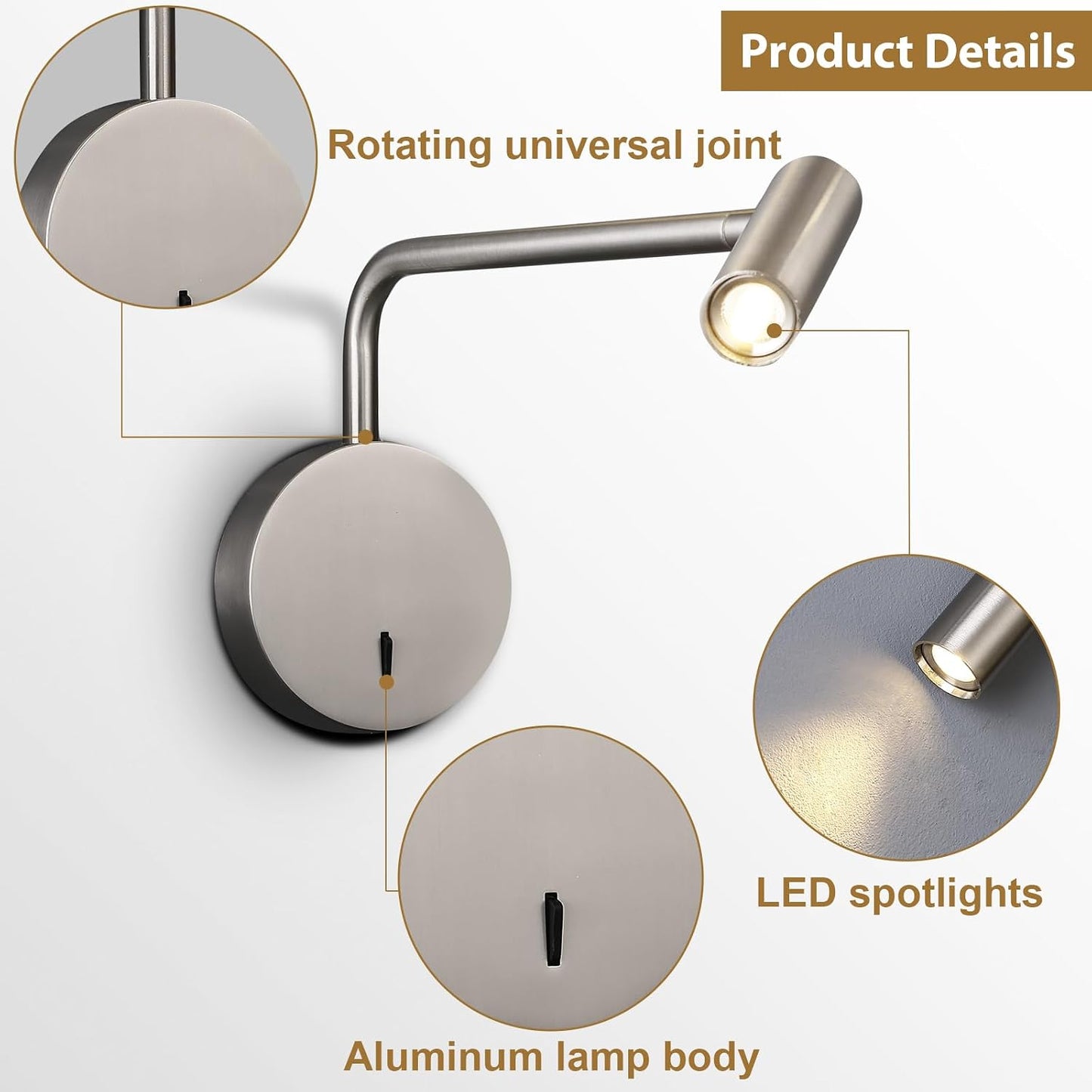 ZEROUNO Wall Mounted Reading Light for Bedroom LED Hardwired Sconce with Switch on/Off Modern 3000K Swing Arm Bedside Wall Mount Lamp (Black)