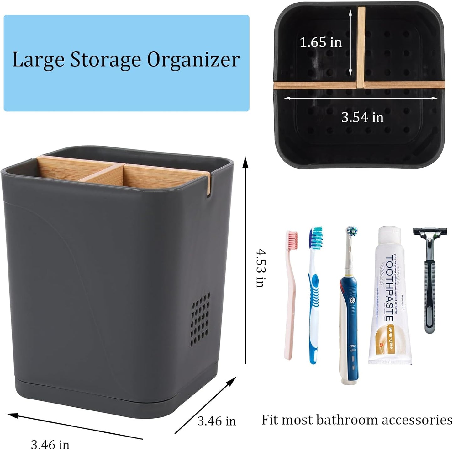 Electric Toothbrush Holder Tooth Brush and Toothpaste Organizer, Black | 3 Slots, Drainage Holes, Removable Bamboo Divider, Ventilation Design, Space-Saving, for Bathroom Countertop, Shower, Vanity