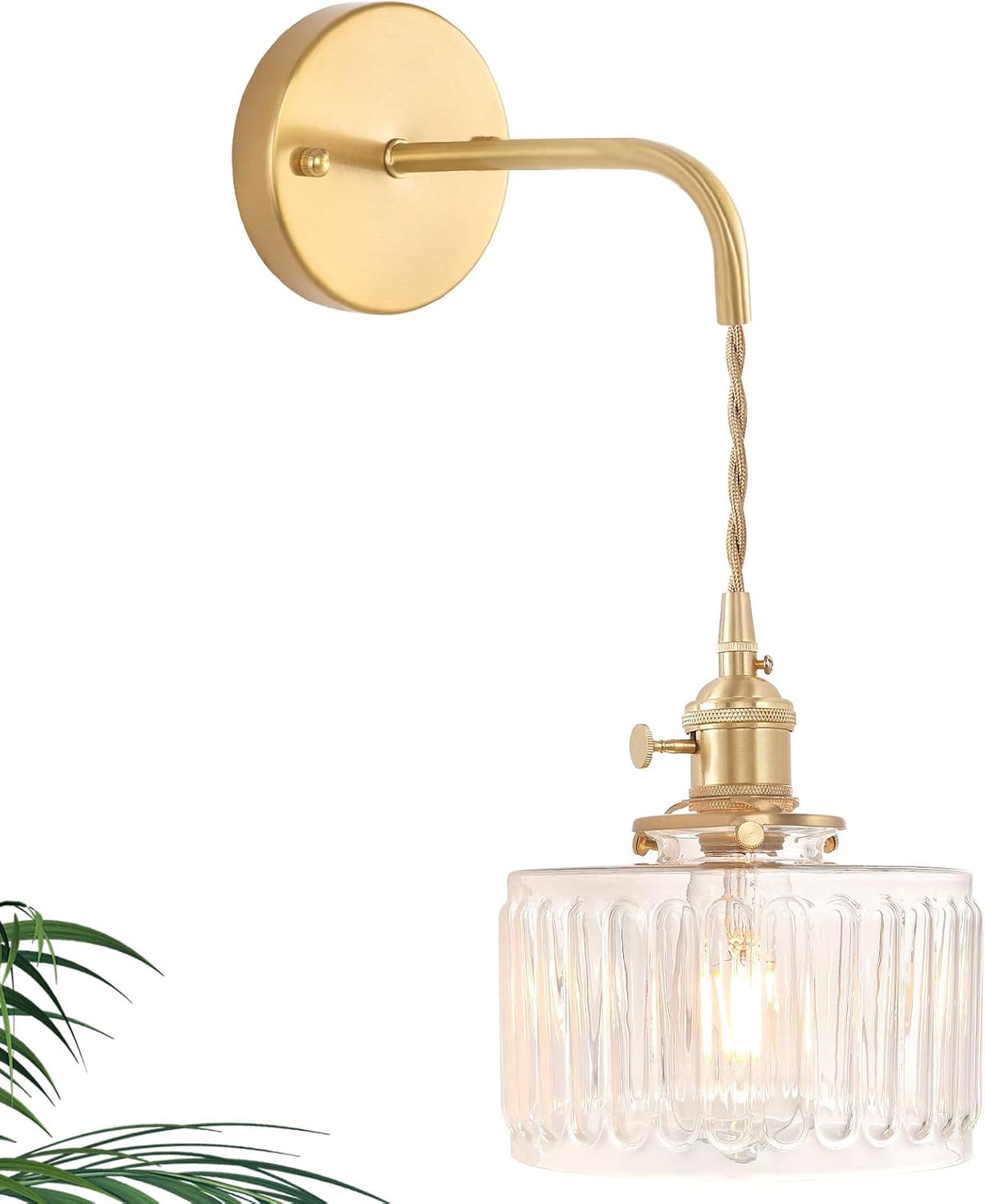 Shenmoyl Battery Operated Wall Sconce with Green Striped Shade Pattern Glass Adjustable Chain Retro Gold Wall Mounted Light, Modern Wall Lamp Fixtures Decor for Bedside Bedroom Indoor Doorway