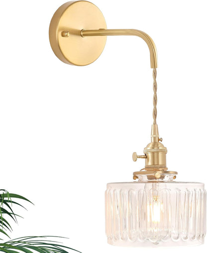 Shenmoyl Battery Operated Wall Sconce with Green Striped Shade Pattern Glass Adjustable Chain Retro Gold Wall Mounted Light, Modern Wall Lamp Fixtures Decor for Bedside Bedroom Indoor Doorway