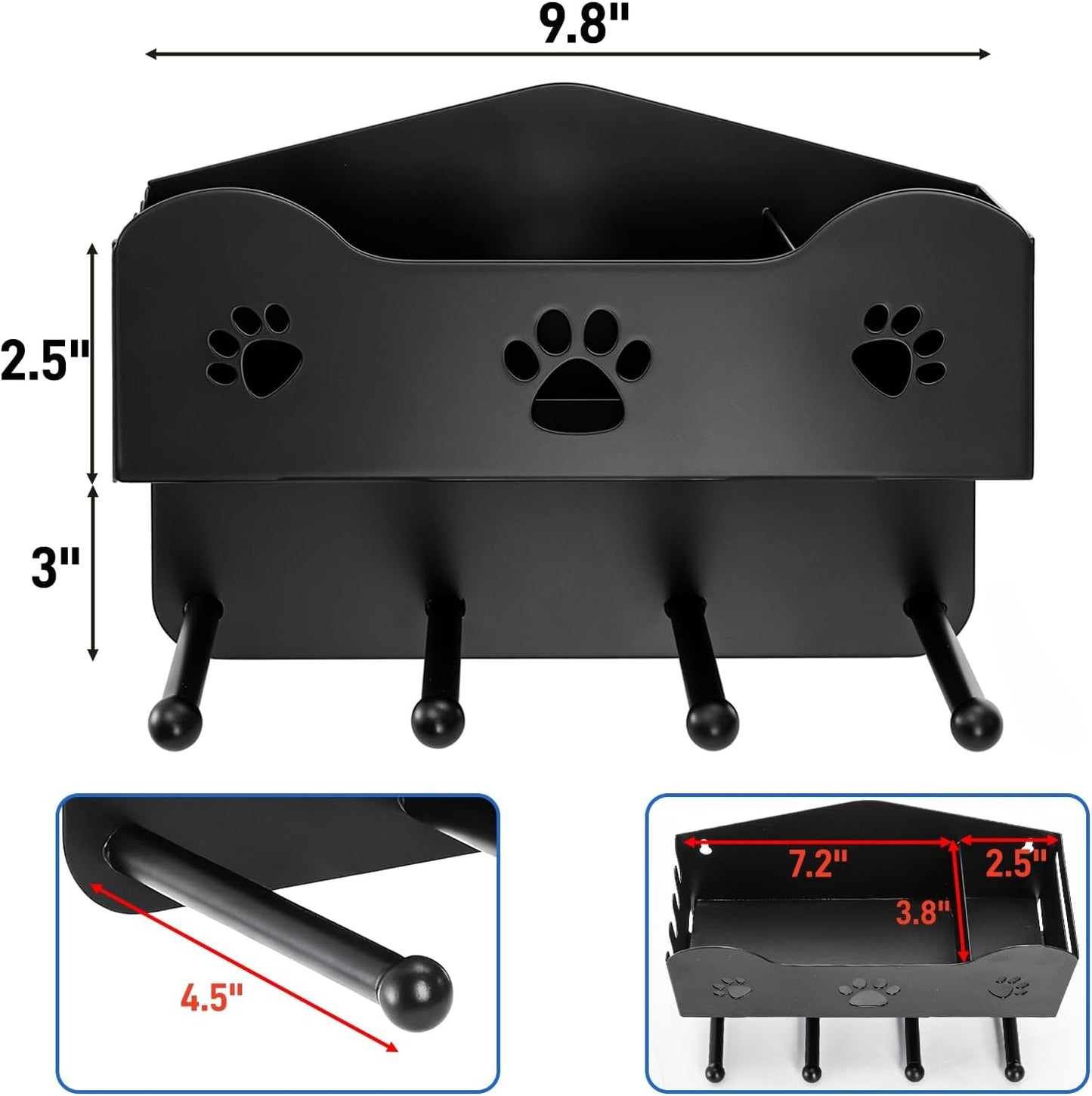 Dog Leash Holder for Wall, Dog Accessories Organizer with 4 Hook, Black Dog Leash Hanger with Shelf Storage, Metal Wall Mounted Key Holder for Pet Collar, Training Treats, Poop Bag, Home Decor