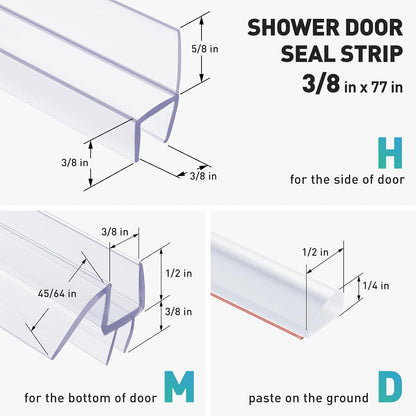 Shower Door Seal | 4 PCS 3/8" x 77" Frameless Glass Door Side Seal and Bottom Seal Door Sweep, Stop Shower Leaks Create a Water Barrier