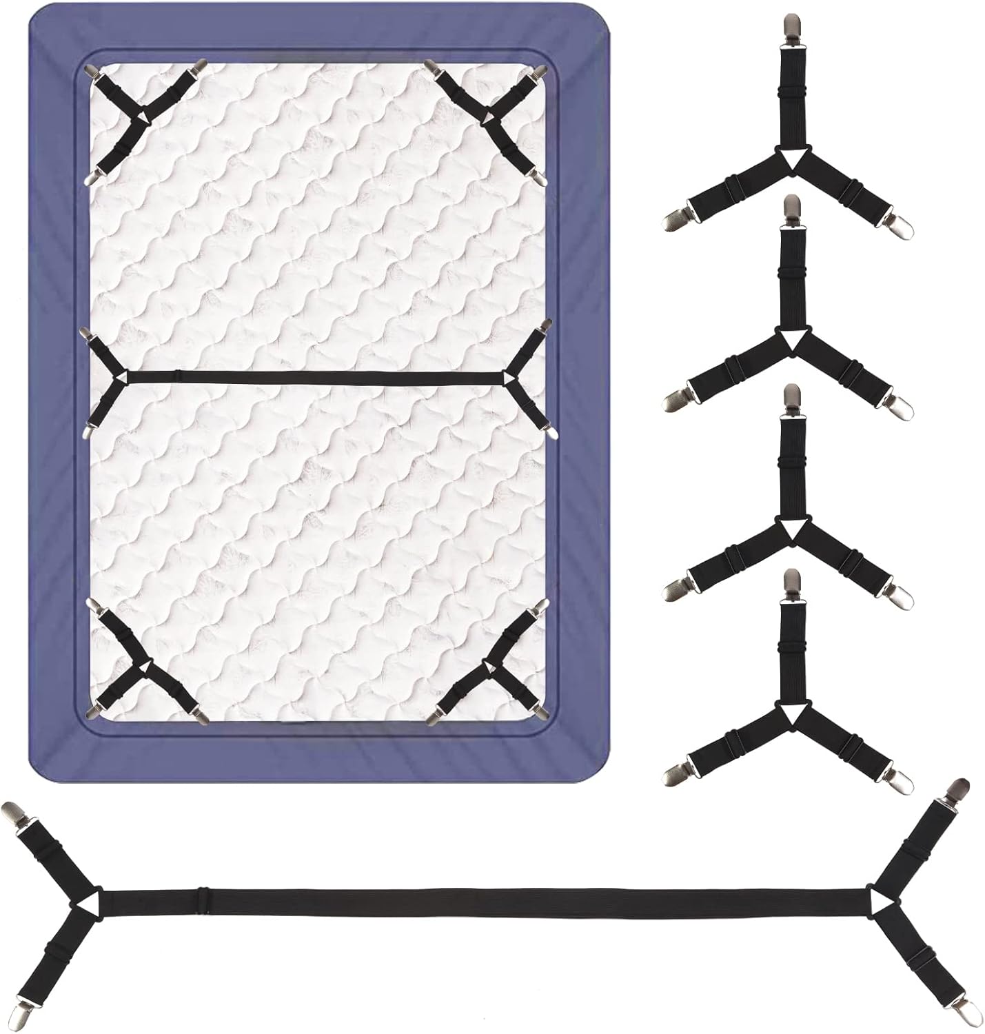 Luyena Bed Sheet Straps,4+1 Pcs Fitted Sheet Clips Holder,Upgraded Triangular Sheet Clip for Corner, Elastic Adjustable Sheet Strap for Mattress Cover, Sheet, Sofa Cushion 1(Black)