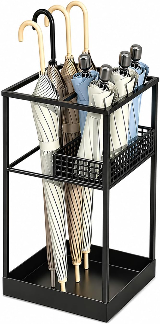 Freestanding Umbrella Stand Rack for Entryway, Metal Umbrella Holder with Removable Drip Tray and Storage Basket, Large Capacity Organizer for Long and Folding Umbrellas Indoor Office Home (Black)