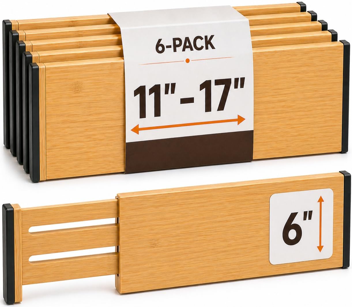 6-Pack Deep Drawer Dividers 4-Inch High Dresser Drawer Organizer, Bamboo | Adjustable 11.5-17 Inch Spring-Loaded Separators for Clothes, Utensils, Socks, Bedroom, Bathroom, Kitchen, Office, No Tools