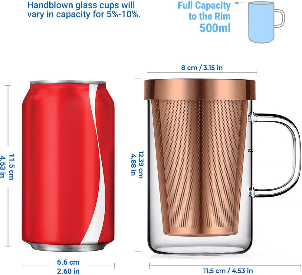 ecooe 16.9 OZ Borosilicate Glass Tea Mug Cup Glasses with Stainless Steel Infuser & Lid, Loose Leaf Tea Cup Clear Teacup 430mL(Use Capacity) | 500ml, Clear Glass Tea Cup, with Stainless Steel Infuser/Lid, Teacup for Loose Leaf Tea, Birthday for Parents