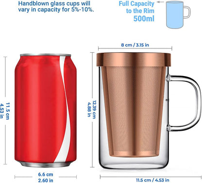 ecooe 16.9 OZ Borosilicate Glass Tea Mug Cup Glasses with Stainless Steel Infuser & Lid, Loose Leaf Tea Cup Clear Teacup 430mL(Use Capacity) | 500ml, Clear Glass Tea Cup, with Stainless Steel Infuser/Lid, Teacup for Loose Leaf Tea, Birthday for Parents