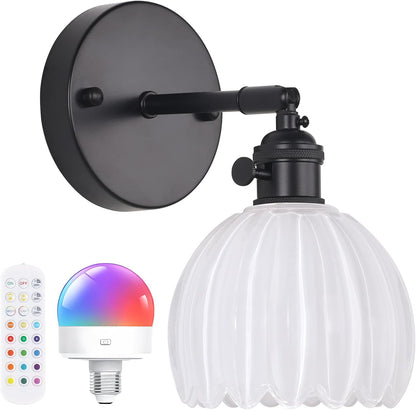 Shenmoyl Vintage Battery Operated Wall Sconce with Green Tulip Glass Lampshade Rechargeable Battery Powered Wall Light with Remote Control for Bedside Bedroom Doorway