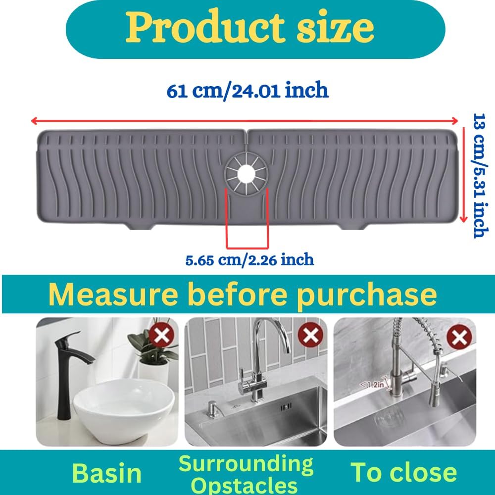 24 Inch Longer Faucet Mat for Kitchen Sink, Silicone Sink Faucet Mat Splash Guard 5° Slope Premium Kitchen Sink Splash Faucet Guard, Fast Self-Draining Mat (gray)