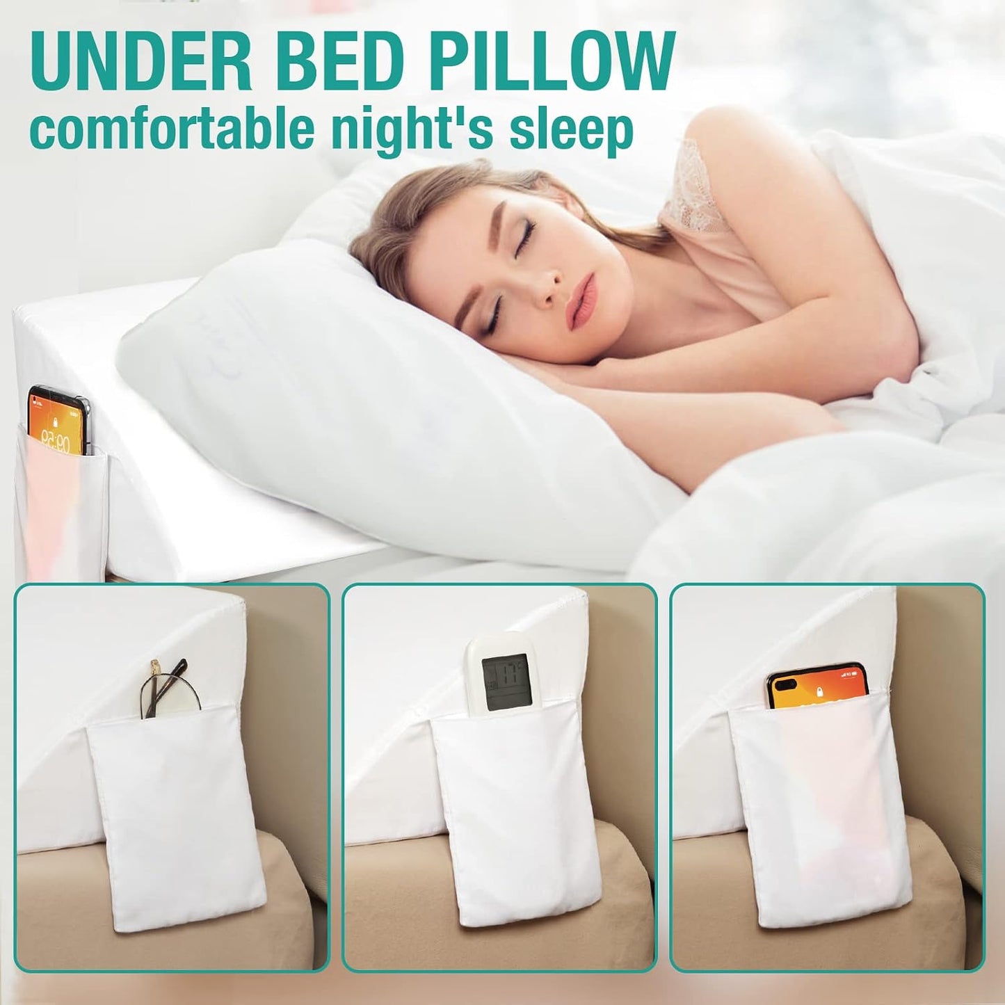 Vekkia 34" Extra-Long Wedge Pillow,7.5" Bed Wedge Pillow for Sleeping,White | Pillow Wedge Back Support for After Surgery, Idea for Acid Reflux,Snoring Relief,Removable Washable Cover&Double Side Pockets