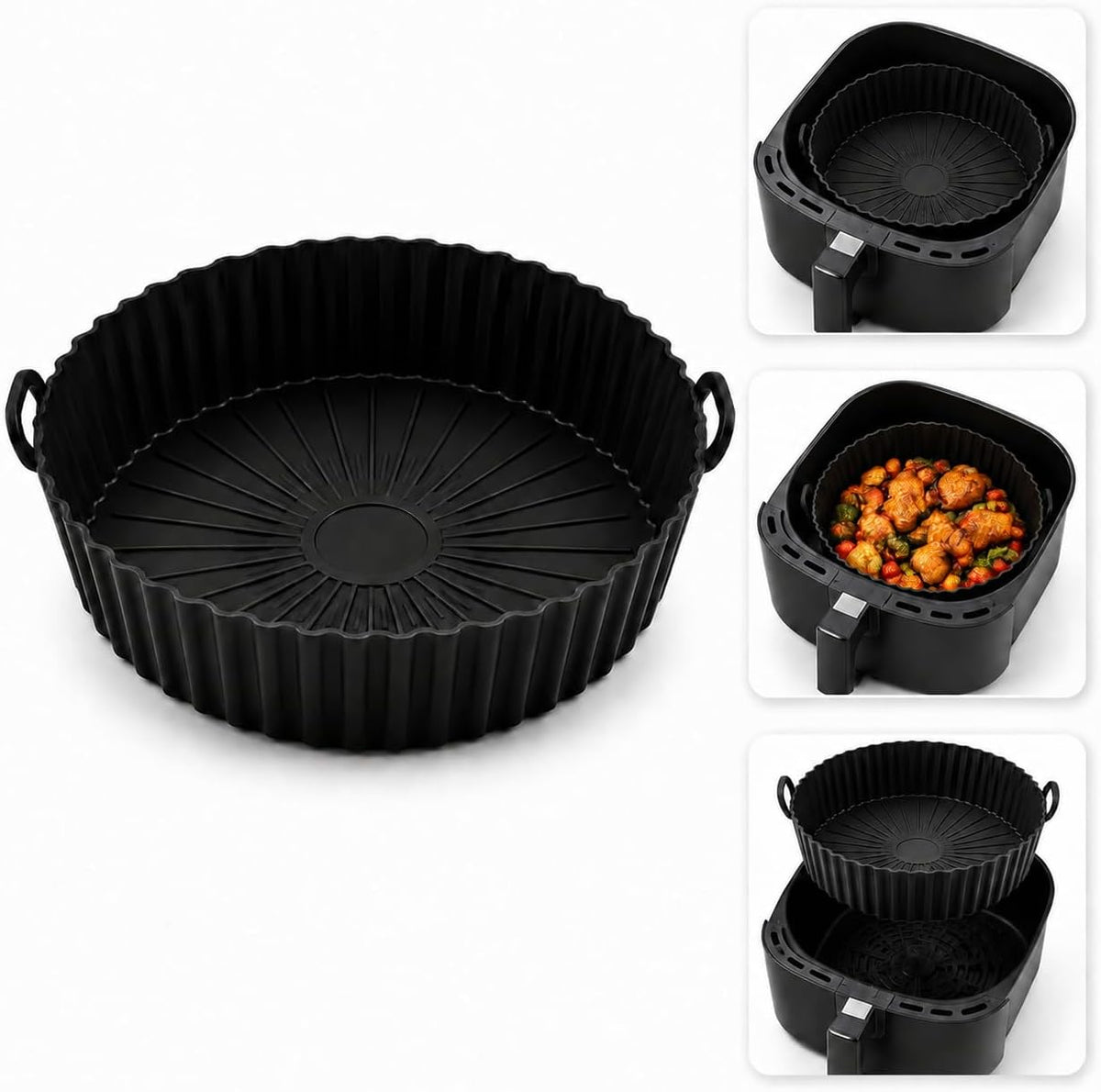 Reusable Silicone Air Fryer Liner, Non-Stick Basket Liner, BPA Free Food Grade Silicone, Dishwasher Safe, Heat Resistant up to 450°F, Fits Most Air Fryers, 8 Inch, Black