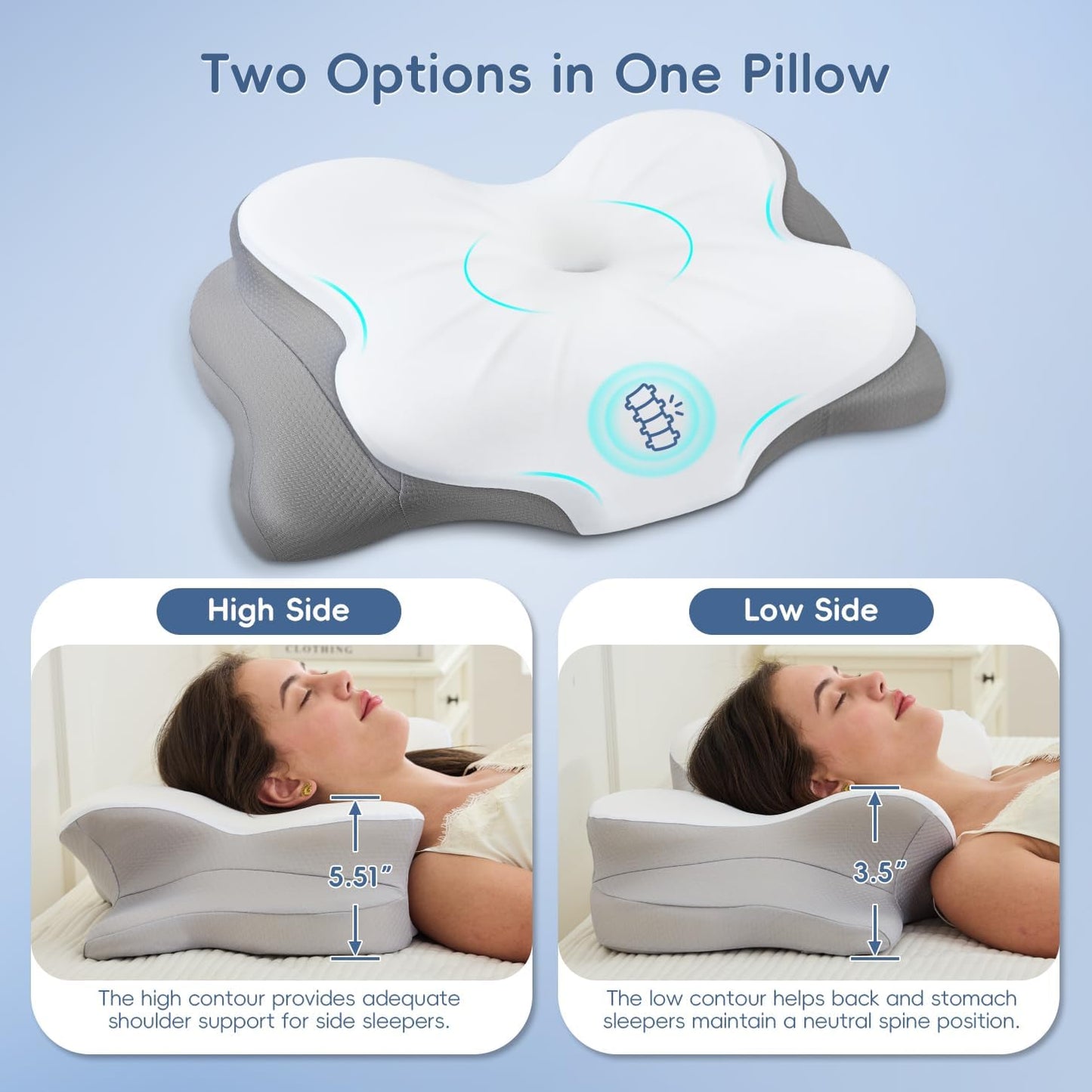 Cervical Neck Pillow, Memory Foam Pillow with Dual Height, White | Ergonomic Pillow for Neck Pain Relief, Breathable Cover,Neck Support Pillow for Side Back & Stomach Sleepers, Odorless
