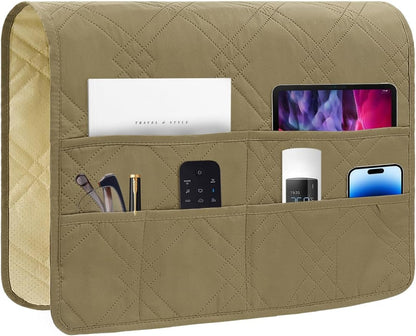 Couch Armrest Organizer Remote Control Holder Bedside Caddy with 6 Pockets, Non-Slip Armchair Caddy Sofa Armrest Organizer for Tv Remote Control, Magazine, Cell Phone, Beige