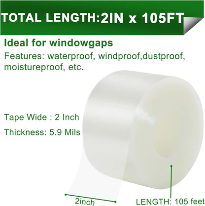 Qoqooice Transparent Window Weather Sealing Tape 2 Inch x 33 FT Weather Stripping Residue-Free Clear Window Insulation Tape for Doors Windows and Shower Glass Gaps