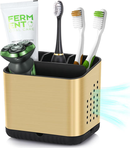 Bathroom Toothbrush Holders, Toothbrush and Toothpaste Holder (Wood Grain) | Easy To Clean, Drainage, Removable, Non-Slip, 4 Slots Tooth Brush Holder for Bathroom Countertop Organizer