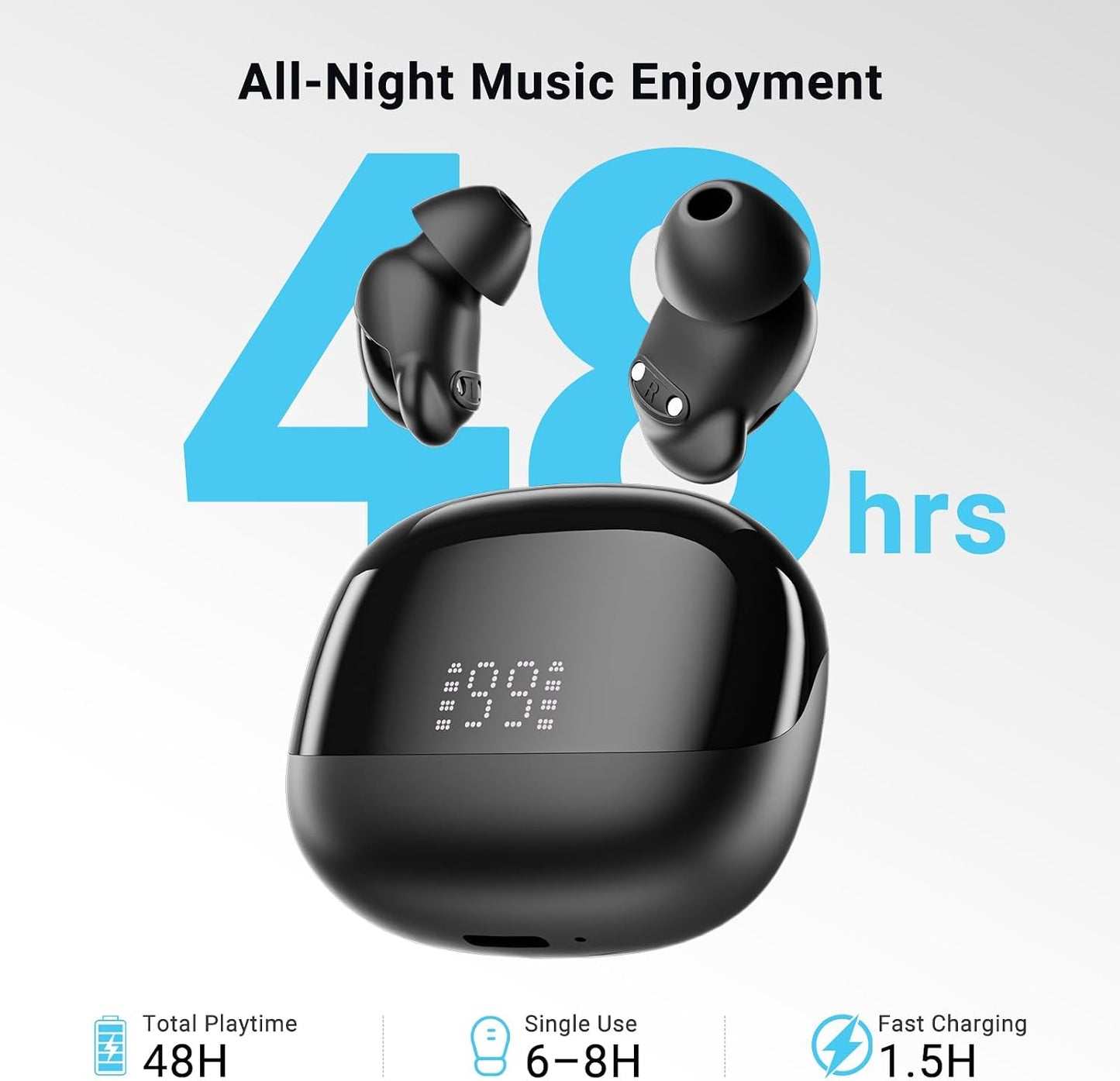 T33 Sleep Earbuds, Bluetooth 6.0 Noise Cancelling Sleep Headphones for Side Sleepers, ANC Up to 98%, Sleep Mode, 48H Playtime, Small Earbuds Comfort Fit for Sleeping, Travel, Work, Glossy Black