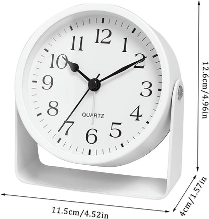 Analog Alarm Clock - 4.5" Silent Non Ticking Small Clock with Light, Rotatable Stand Metal Desk Clock Battery Operated, Simple Design for Living Room Decor/ Bedroom/Bedside/Shelf (Black & White)