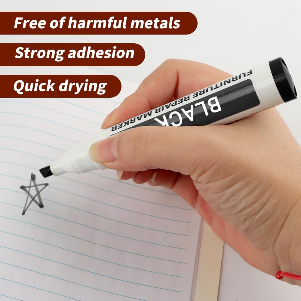 Wood Furniture Repair Markers, Black Paint Fix Touch Up Pen for Furniture & Wood Floor, Scratch Remover Filler for Nicks, Scratches & Stains, Professional Furnitures Recolour Pen for Home/Office