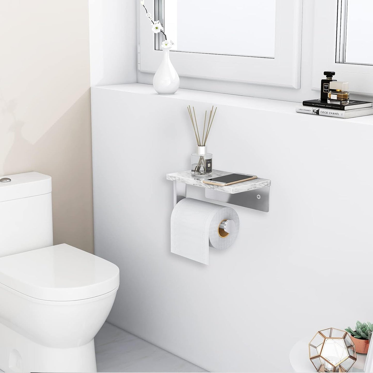 Gypie Marble Toilet Paper Holder with Shelf, Wall Mounted Matte Black | Stainless Steel Tissue Roll Paper Holder Dispenser for Bathroom Washroom
