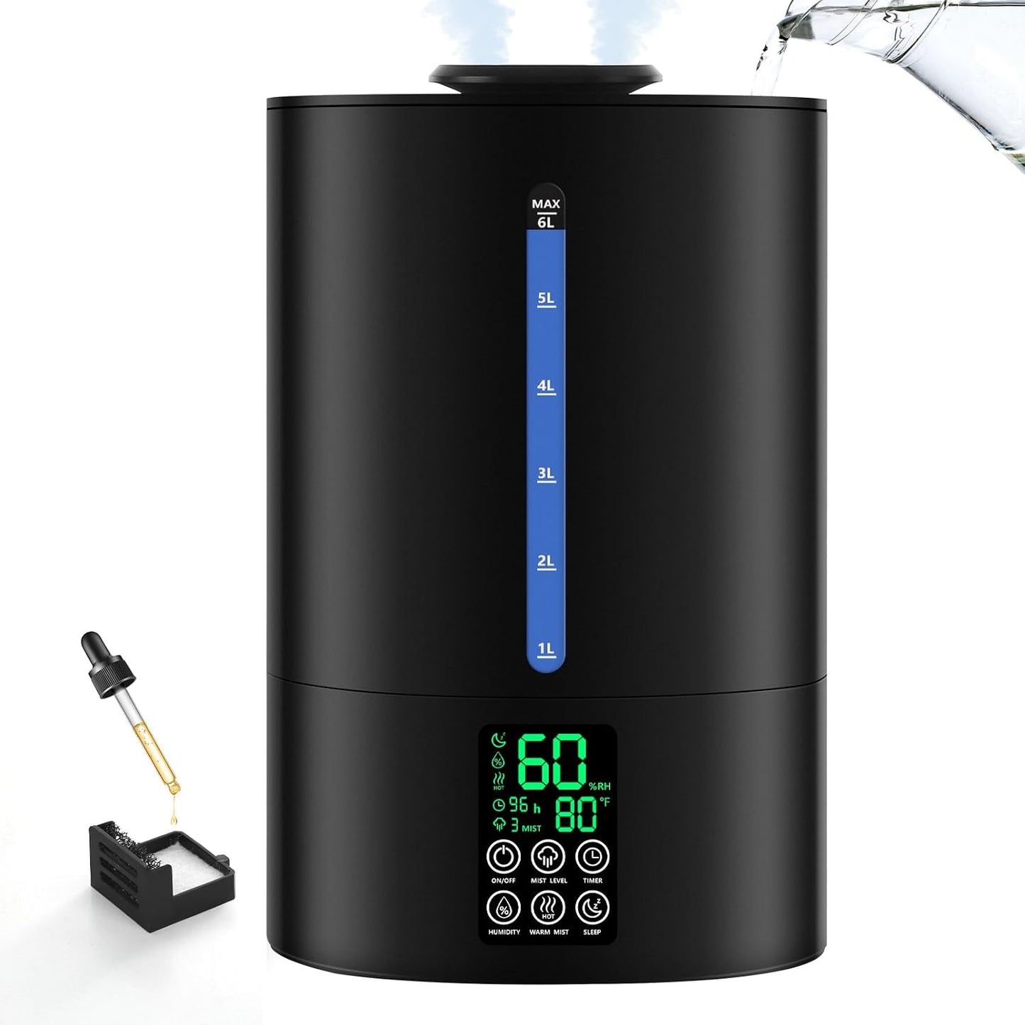 Coolfiqu 6L Humidifiers for Bedroom Large Room Home,Cool and Warm Humidifier for Baby and Plants Hot Mist Top Fill Desk Humidifier Oil Diffuser,Quiet,Auto Mode,360°Nozzle-Midnight Black(2026 Upgraded)
